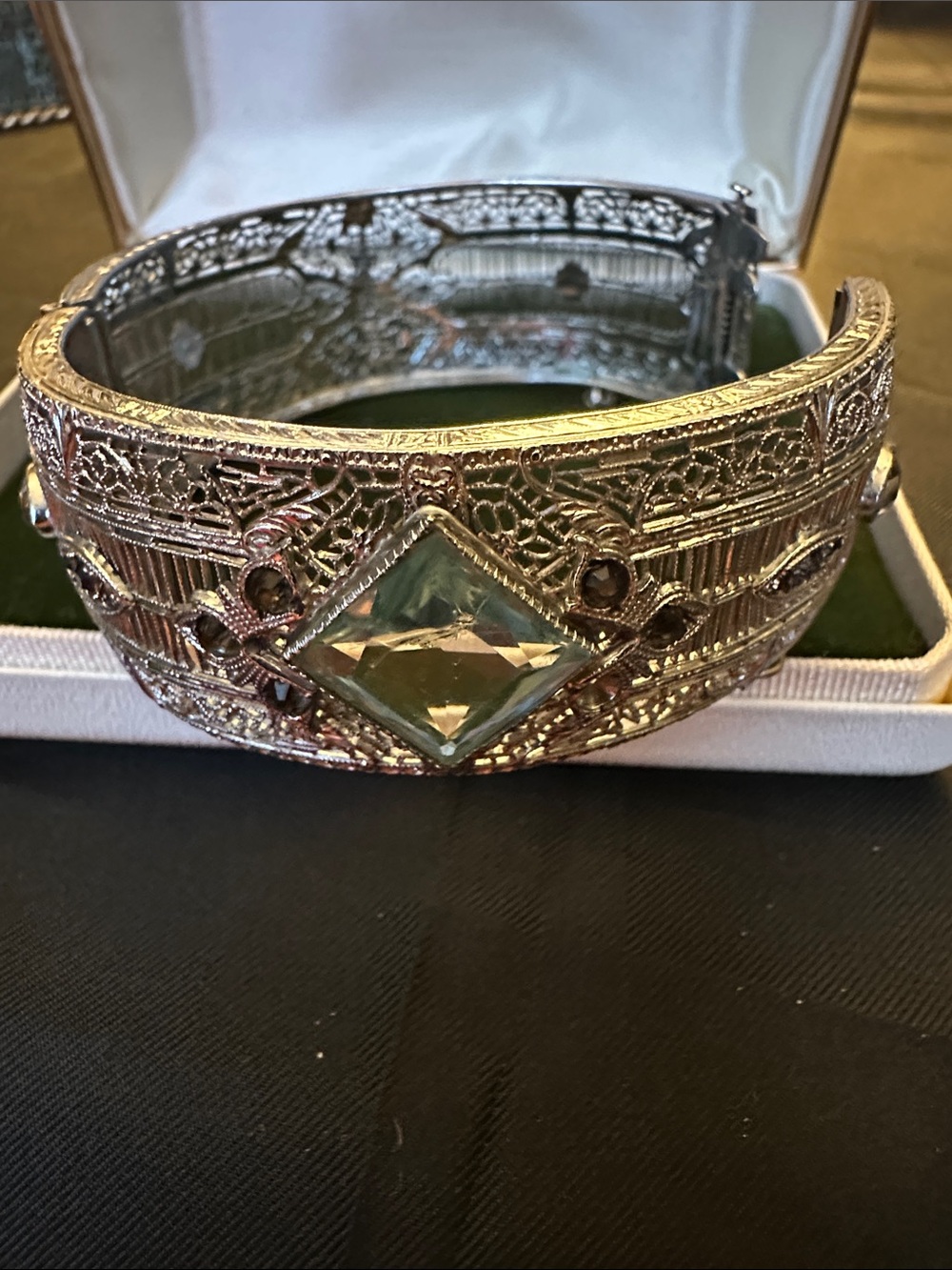 Vintage Style Filigree Hinged Cuff Bracelet Green Stone Statement Piece